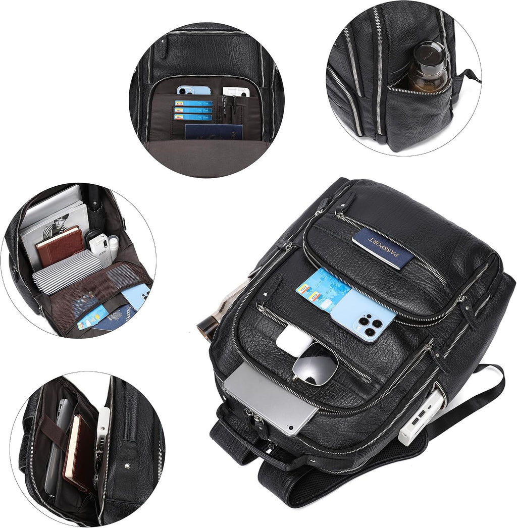 LANNSYNE Men Vinatge Full Grain Leather Backpack Fits 17.3' Laptop, Travel Overnight Daypacks - Black