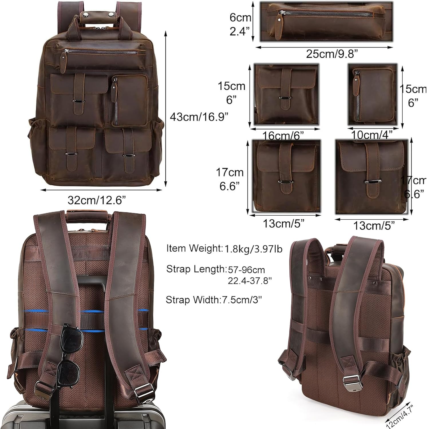 Masa Kawa Leather Backpack for Men Vintage 15.6 Inch Laptop Bag Multi Pockets Casual Travel Daypack Brown