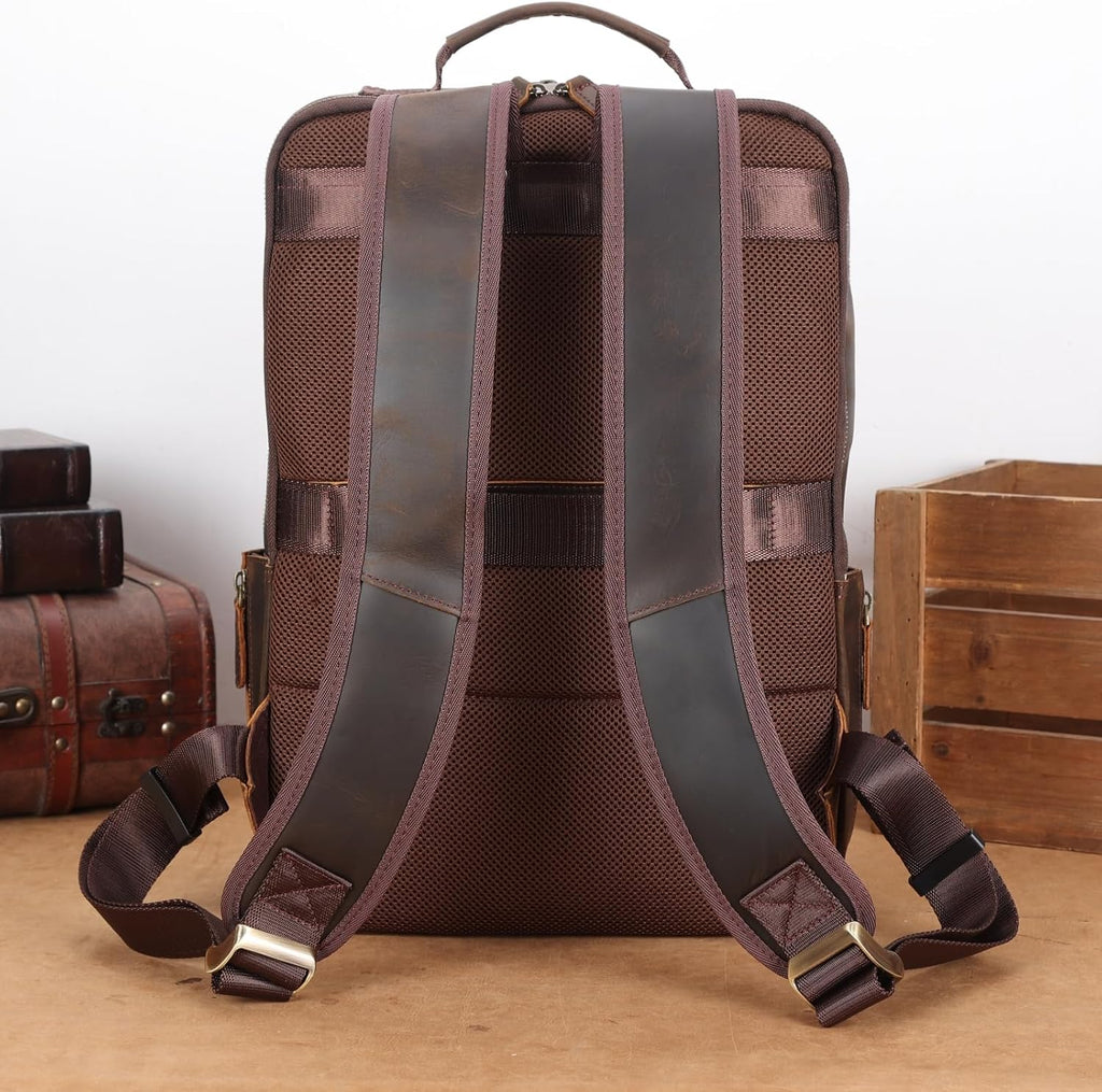 Masa Kawa Brown Leather Laptop Backpack for Men Fits 16' 15.6' Computer, Vintage Business Travel Work Large Daypack Weekender Bag Camping Rucksack