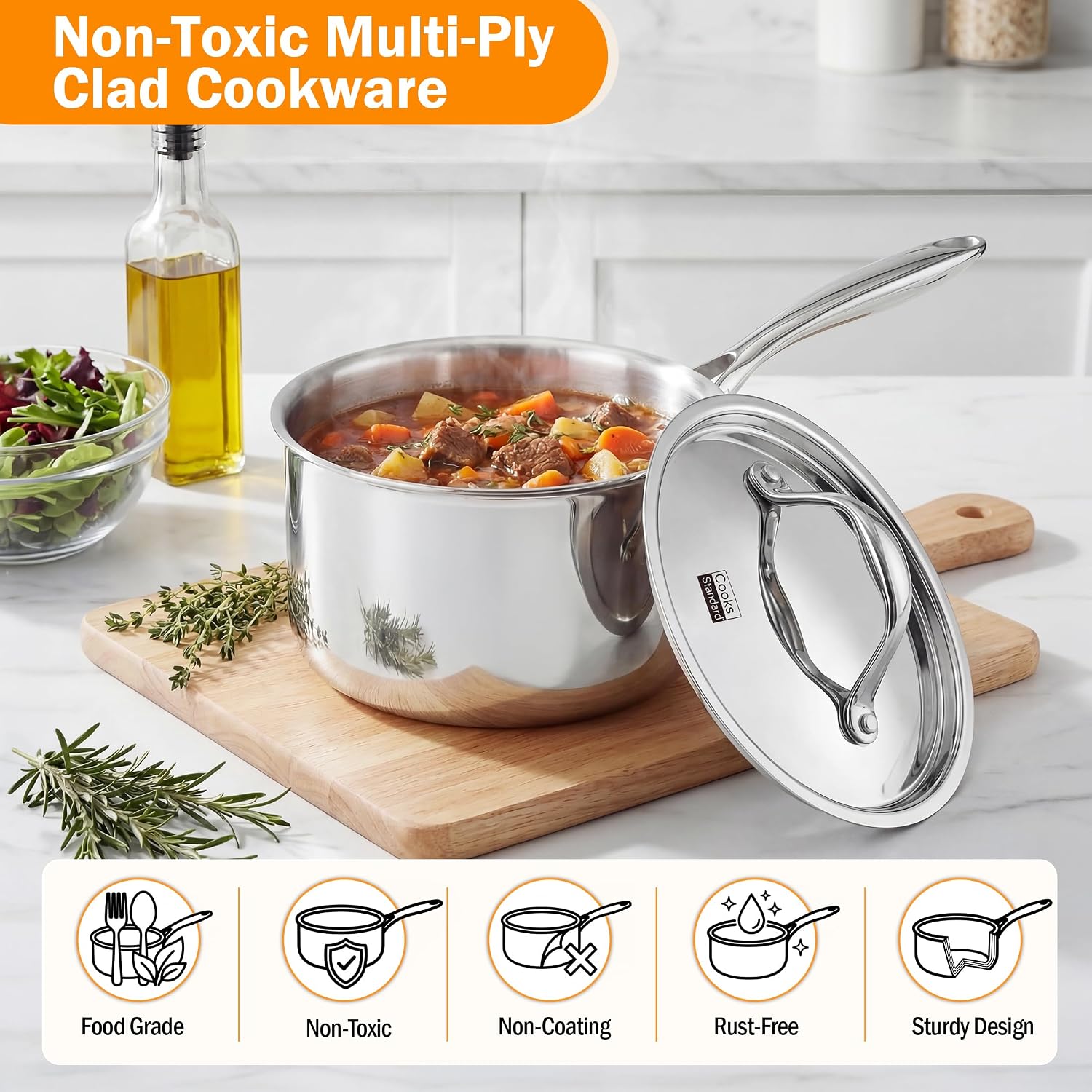 Cooks Standard 10-Piece Tri-Ply Clad Stainless Steel Cookware Set | Includes Saucepan, Steamer & Stockpot with Lids & Fry Pan. Aluminum Core for Even Heat. Oven & Dishwasher Safe