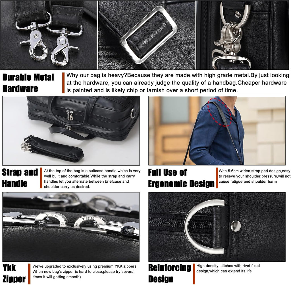 Masa Kawa Leather Briefcase for Men 15.6', 17' Laptop Computer Case Business Travel Work Messenger Cross Body Shoulder Bag