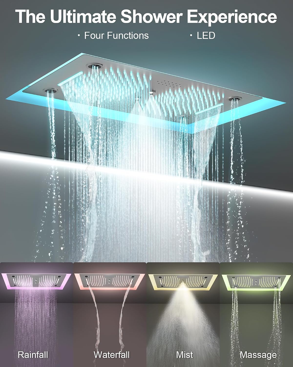 Luxury LED Shower System, 28' x 16' Ceiling Mount Bluetooth Music Speaker 4 Function Shower Head with 6 Body Jets, Brushed Nickel
