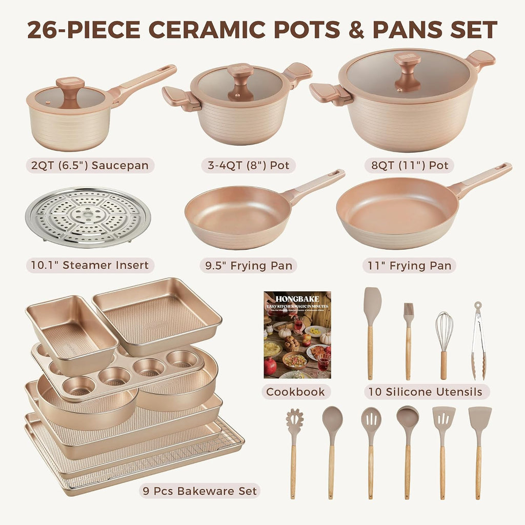 HONGBAKE Pots and Pans Set Nonstick, 26 Pcs All-in-One Kitchen Starter Set with Cookware, Bakeware & Silicone Utensils, Non Toxic Ceramic Coating, Induction & Oven Safe, PFOA PFOS Free, Gold