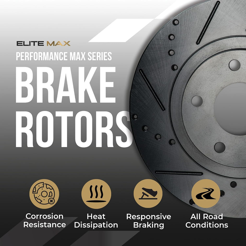 Max Advanced Brakes Front Brake Kit Compatible With 2002-2014 2015 2016 Subaru Impreza Legacy L w/10.91' Front Rotor Replacement Drilled Slotted Black Coated Disc Brake Rotors and Ceramic Brake Pads