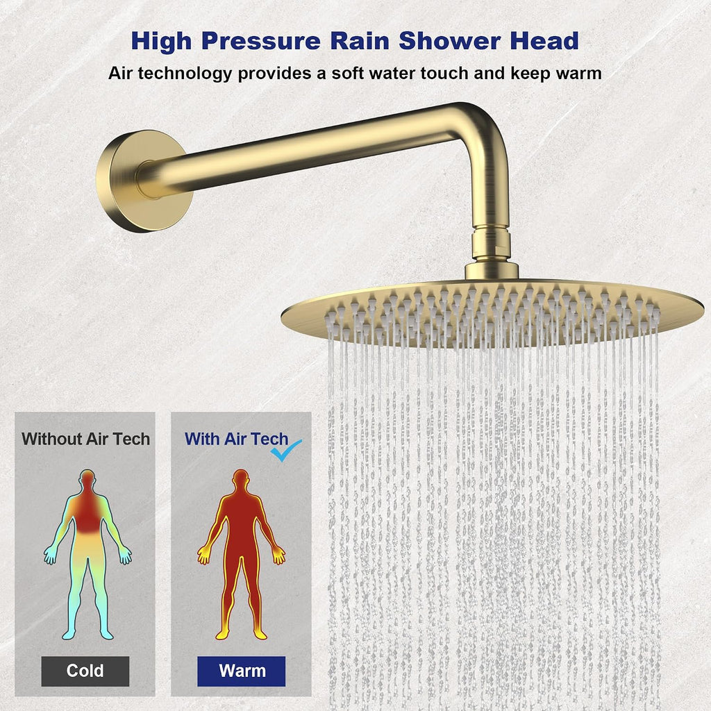 Brushed Gold Shower Faucet Set with Valve 10 Inches High Pressure Shower Head Combo Set Wall Mount Rain Shower Head System with 6 Function Handheld