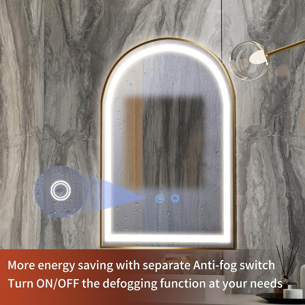 24' x 36' LED Bathroom Mirror with Lights, Gold Arched LED Mirror for Bathroom, Lighted, Anti-Fog, Dimmable Adjustable, 3 Colors, Vertical/Horizontal, CRI90+,Touch Button
