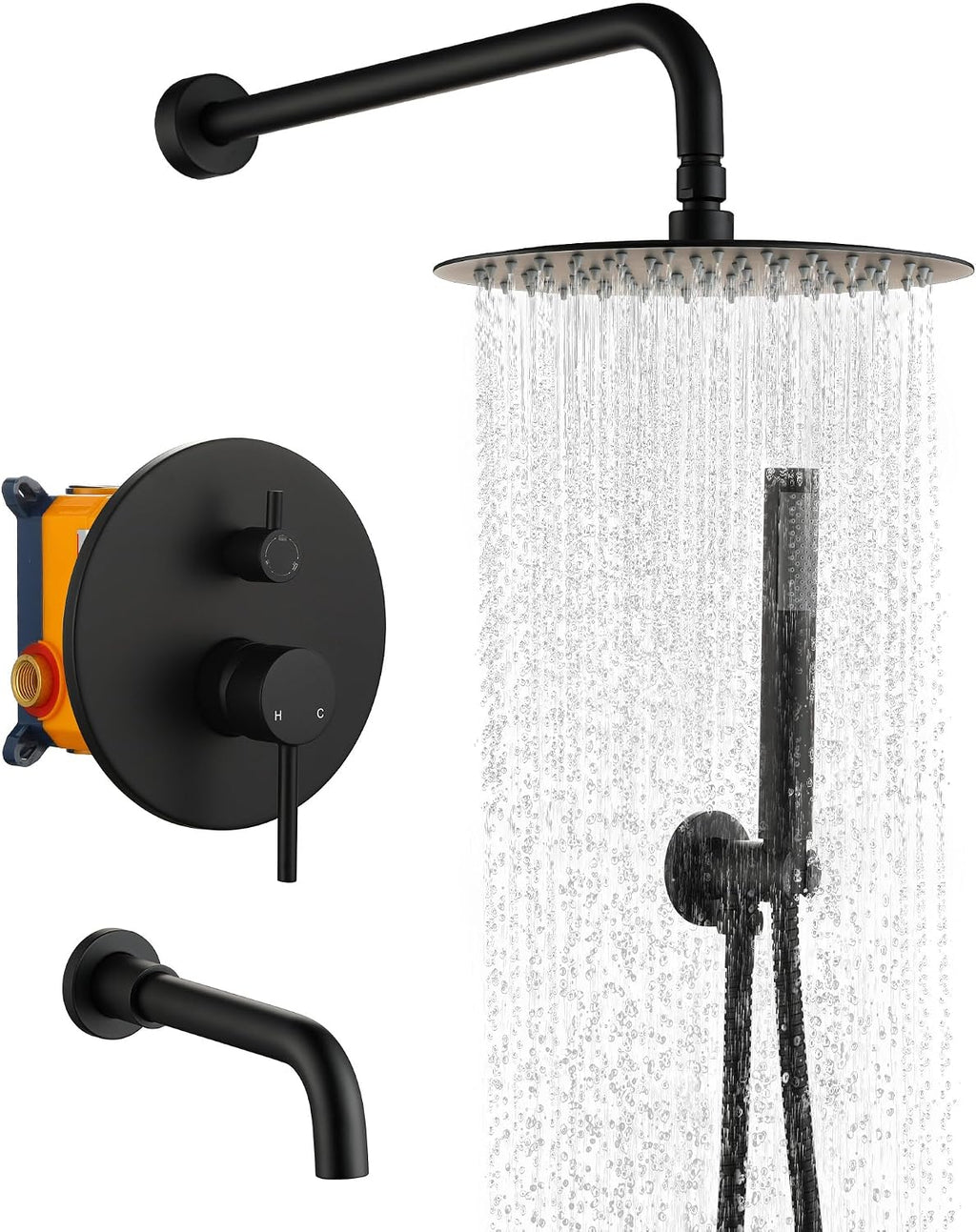 MONDAWE Round Shower Faucet Set with Tub Spout, Wall Mounted Shower System 10 Inch Rainfall Shower Head with Handheld Combo, Matte Black High Pressure Shower Faucets Sets Complete