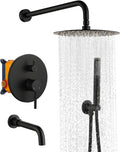 MONDAWE Round Shower Faucet Set with Tub Spout, Wall Mounted Shower System 10 Inch Rainfall Shower Head with Handheld Combo, Matte Black High Pressure Shower Faucets Sets Complete