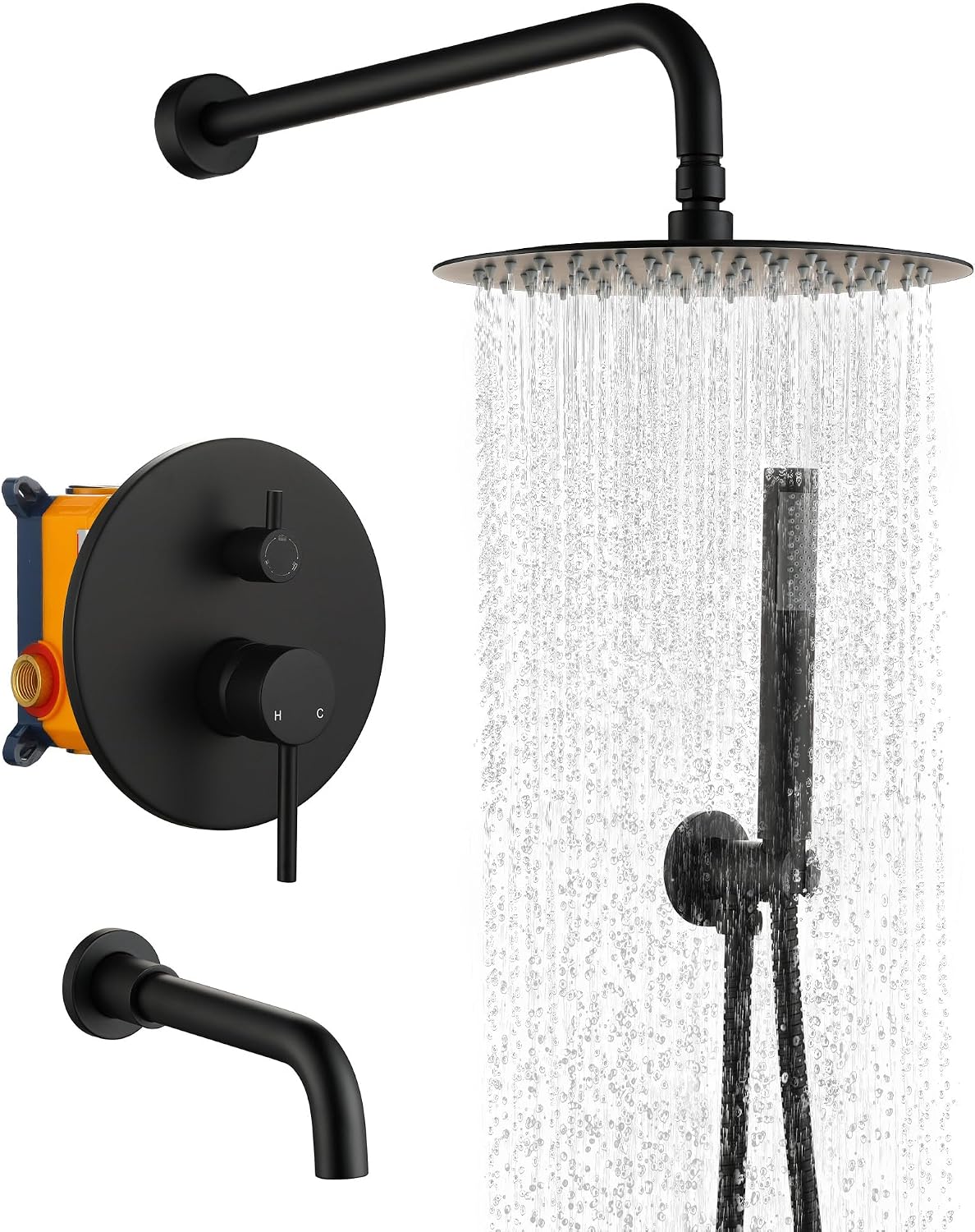 MONDAWE Round Shower Faucet Set with Tub Spout, Wall Mounted Shower System 10 Inch Rainfall Shower Head with Handheld Combo, Matte Black High Pressure Shower Faucets Sets Complete