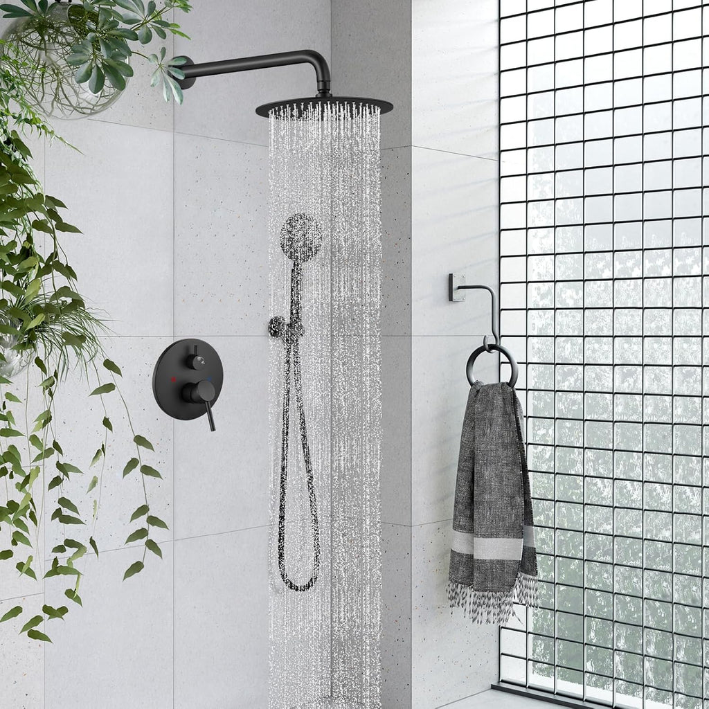 gotonovo Rain Shower System with 10 Inch Round Showerhead and Handheld High Pressure Shower Faucet Set Contain Rough in Valve, Matte Black