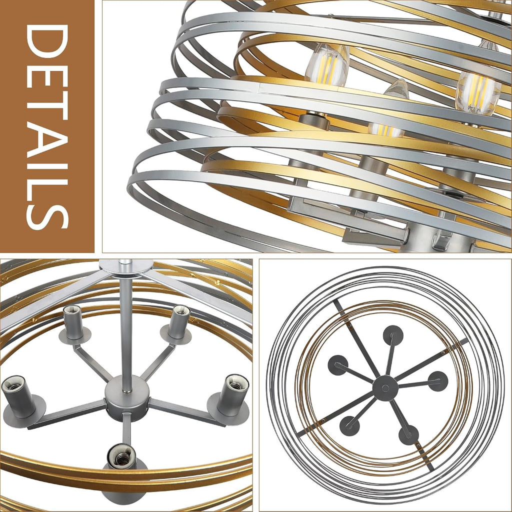 ACNKTZ 19.7'' Double Round Metal Chandelier, 5-Light Modern Farmhouse Dining Room Lights Over Table, Gold Chandelier for Hallway Kitchen Island Entryway Stairwell, Silver with Gold Interior