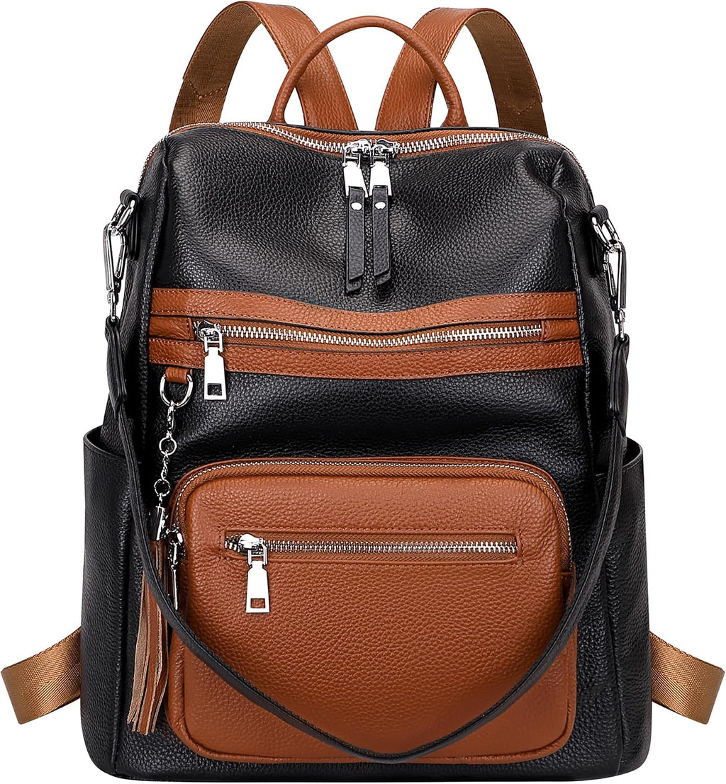 ALTOSY Genuine Leather Backpack Purse for Women Large Shoulder Bag With Laptop Compartment Multiple Pockets (S106 Black/Brown)