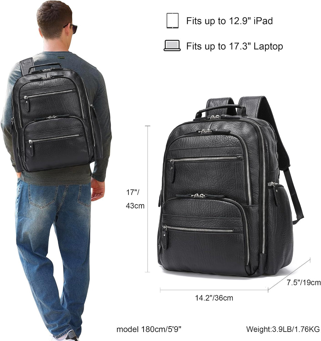 LANNSYNE Men Vinatge Full Grain Leather Backpack Fits 17.3' Laptop, Travel Overnight Daypacks - Black