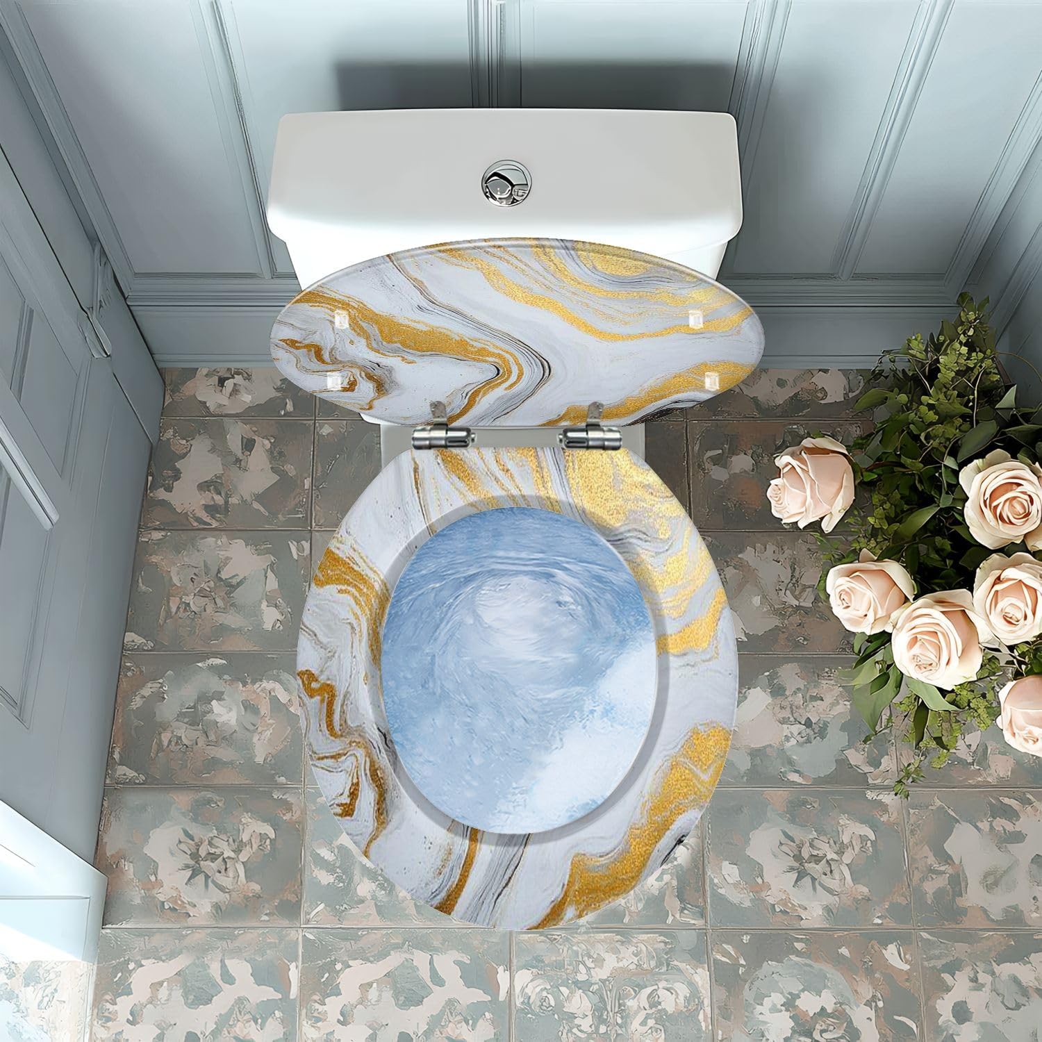 Round Toilet Seat marble ink paper texture white silver gold Resin Colored Toilet Seat Quick Release Hinges with Cover Easy to Install Decorative for Bathroom