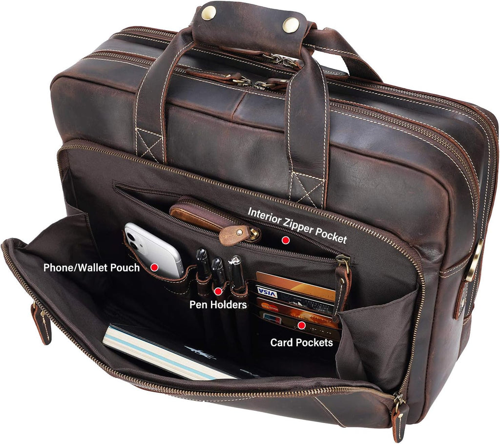Men's Solid Thick Full Grain Leather 17.3' Laptop Briefcase Classic Messenger Bag Fit Business Travel | Solid, Thick, Full Grain Leather, 17.3', Classic, Fit