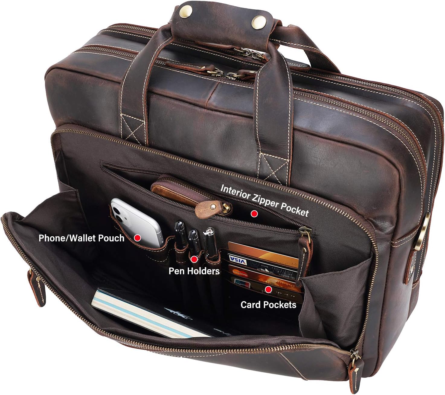Men's Solid Thick Full Grain Leather 17.3' Laptop Briefcase Classic Messenger Bag Fit Business Travel | Solid, Thick, Full Grain Leather, 17.3', Classic, Fit