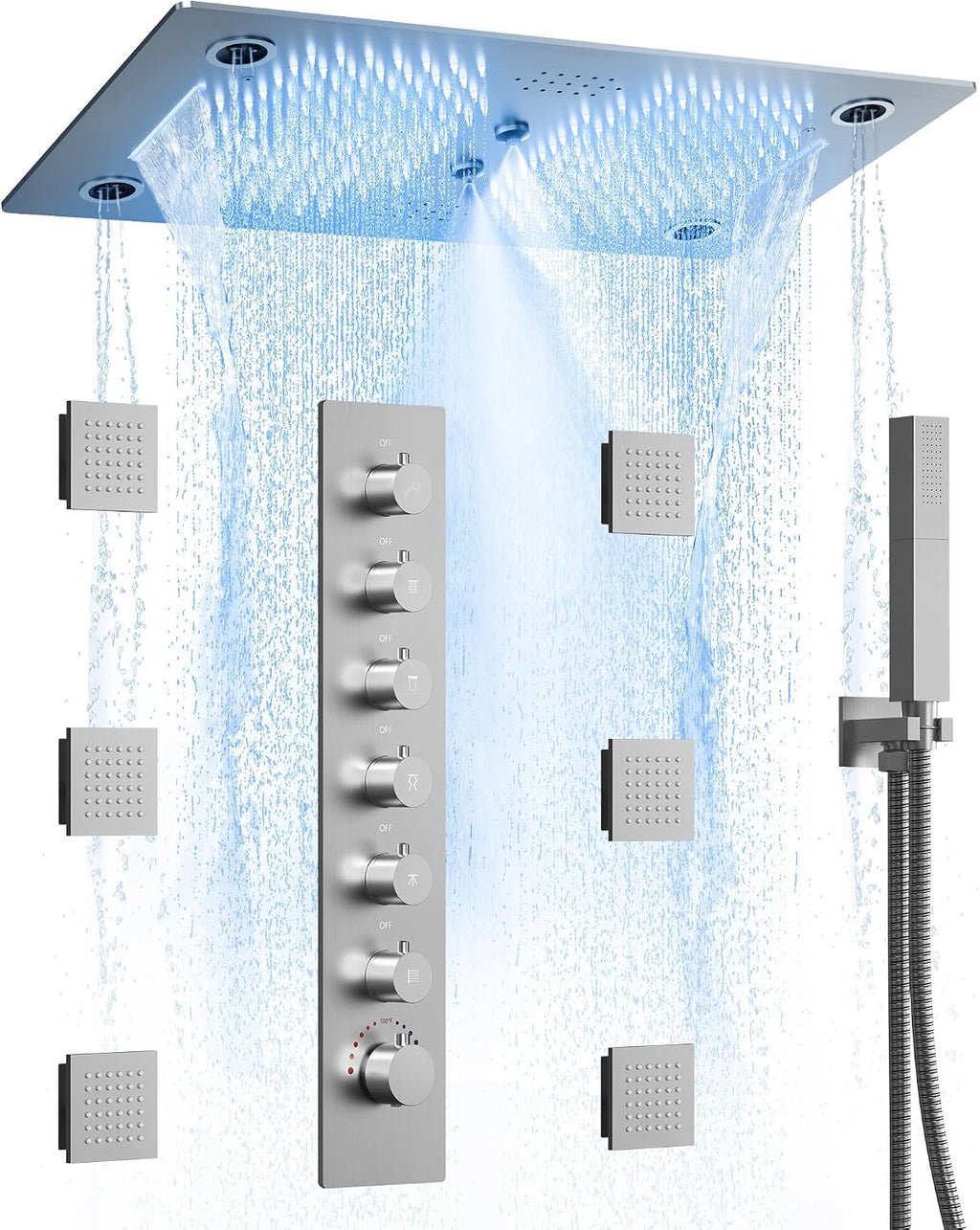 Thermostatic 64-Color LED Shower System, 28' x 16' Bathroom Waterfall Shower Set Ceiling-Mount Rainfall Shower Head Faucet with 6 Body Jets(Brushed Nickel)