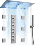 Thermostatic 64-Color LED Shower System, 28' x 16' Bathroom Waterfall Shower Set Ceiling-Mount Rainfall Shower Head Faucet with 6 Body Jets(Brushed Nickel)
