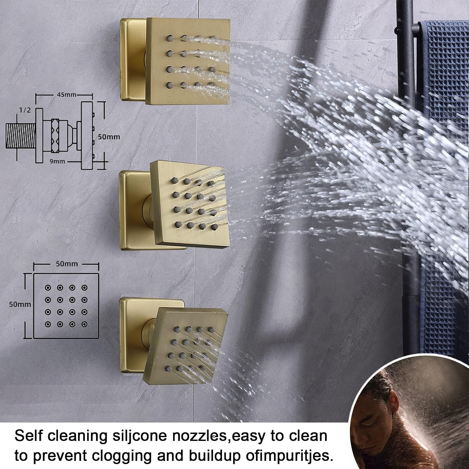 Shower System 16X26 inch Ceiling Mounted Shower Faucet Set with 8 inch Dual Shower Head, with 6 PCS Body Jets and Handheld Spray, Digital Temperature Display Shower Valve, Brushed Gold
