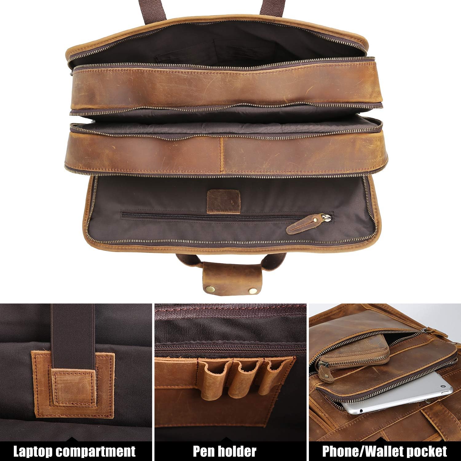 Polare 17'' Full Grain Leather Briefcase Laptop Attache Case Messenger Bag For Men Fits 15.6'' Laptop