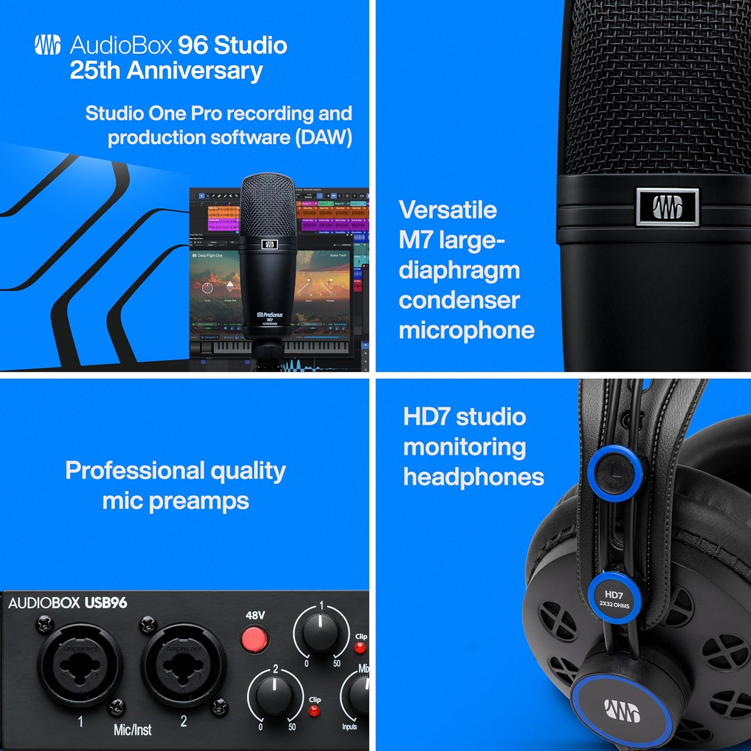 PreSonus AudioBox USB 96 Studio with Studio One Pro Software + Eris HD4BT Over-Ear Closed-Back Wireless Headphones, Bluetooth, ANC Noise Cancelling, Studio Headphones for Mixing, Monitoring, Recording