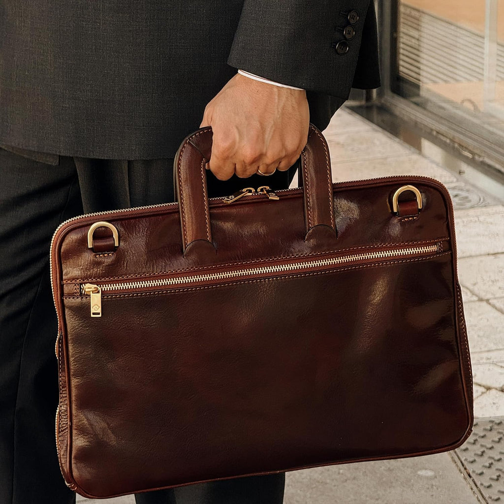Time Resistance Slim Leather Briefcase - Italian Handmade Leather Computer Bag - Briefcase for Men and Women - Laptop Bag