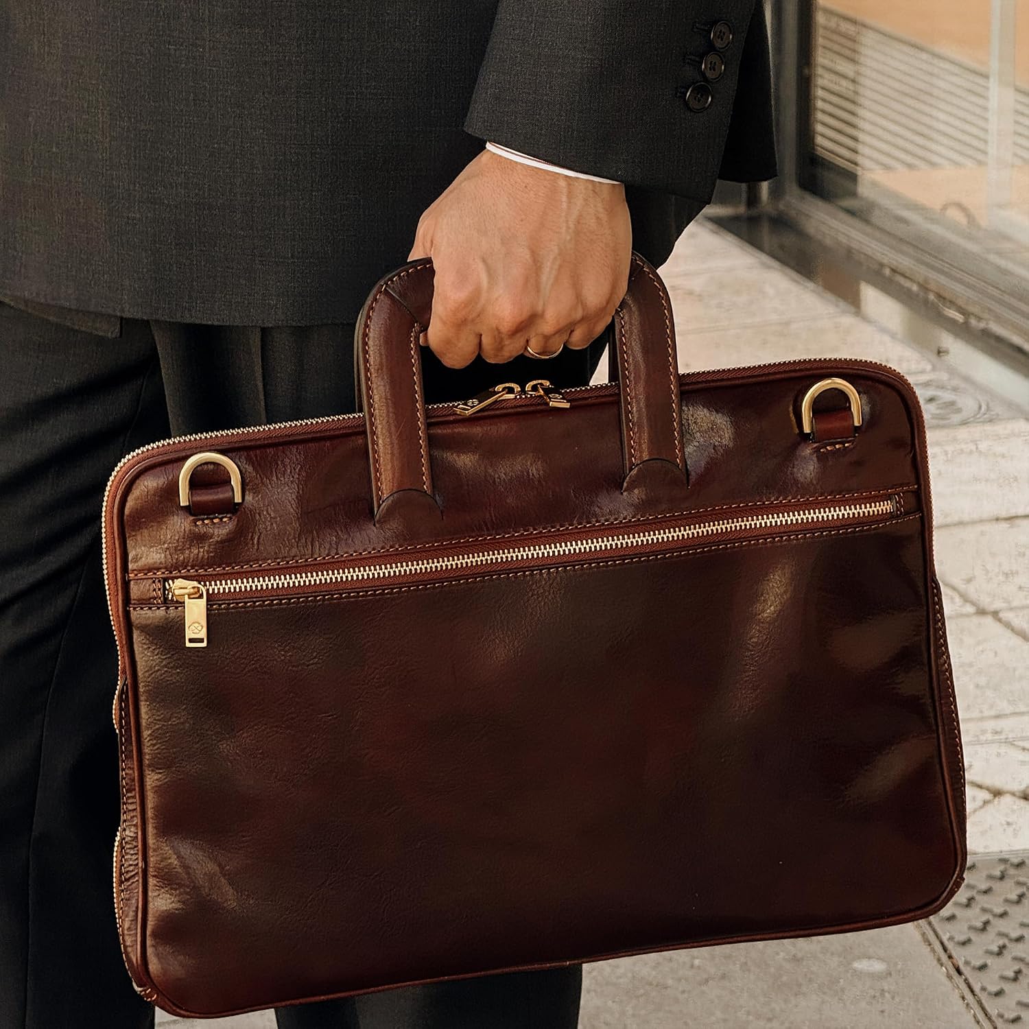 Time Resistance Slim Leather Briefcase - Italian Handmade Leather Computer Bag - Briefcase for Men and Women - Laptop Bag