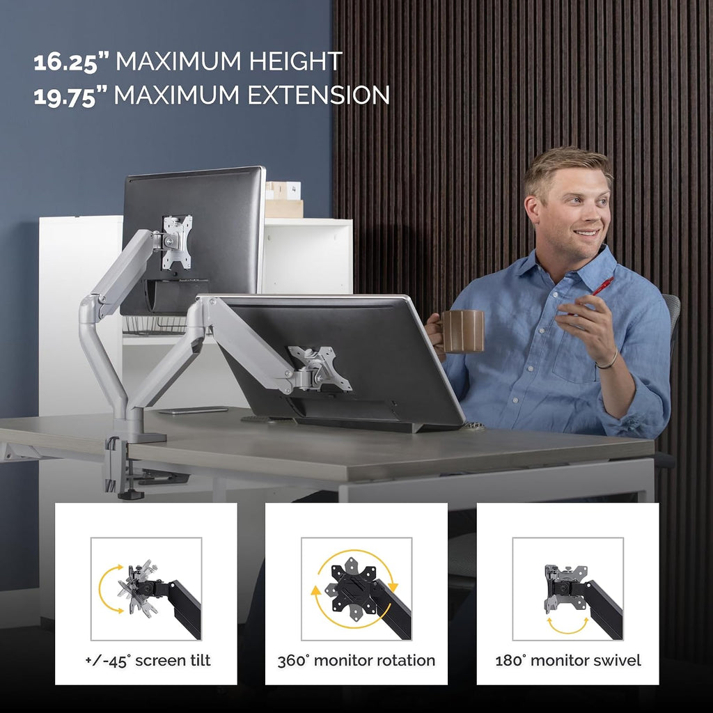 Fellowes Platinum Series Dual Monitor Arm for 40-Inch Monitors, Full Motion, 360° Rotation, VESA Mount with Grommet or Clamp, USB Ports, Ergonomic, Silver, 8056501