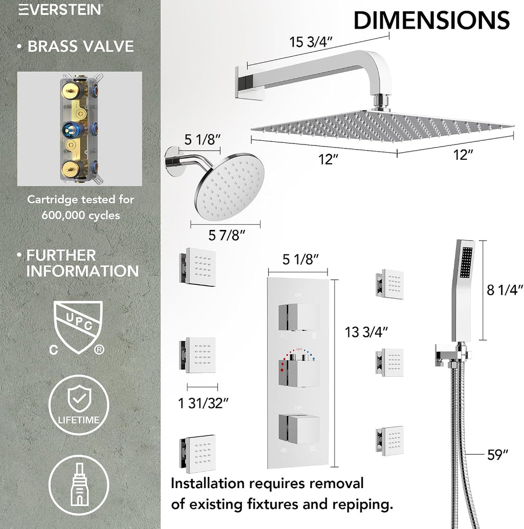 Wall Mount 12' High-Pressure Rainfall Shower Faucet, Dual Rainfall Shower Head System with 6 Body Jets (Polished Chrome)