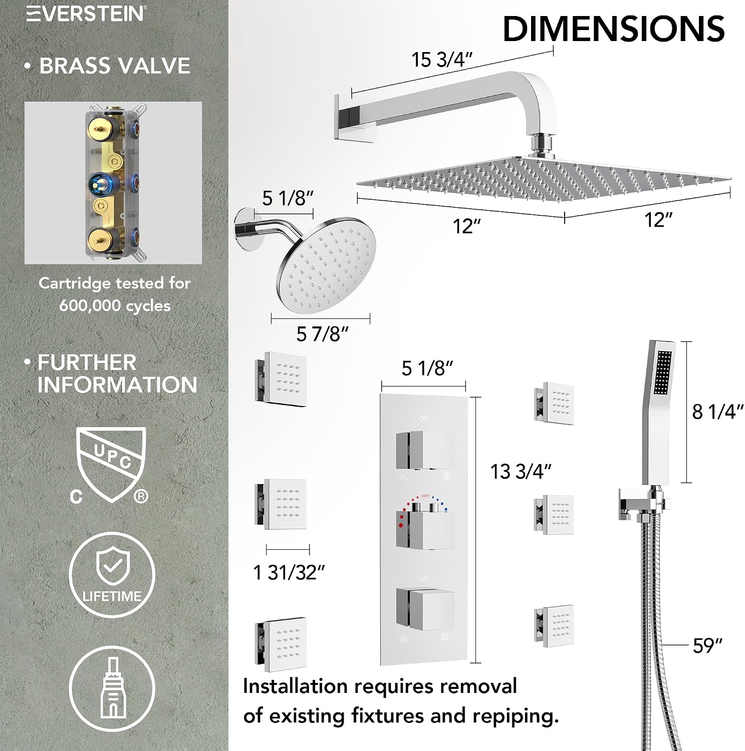 Wall Mount 12' High-Pressure Rainfall Shower Faucet, Dual Rainfall Shower Head System with 6 Body Jets (Polished Chrome)