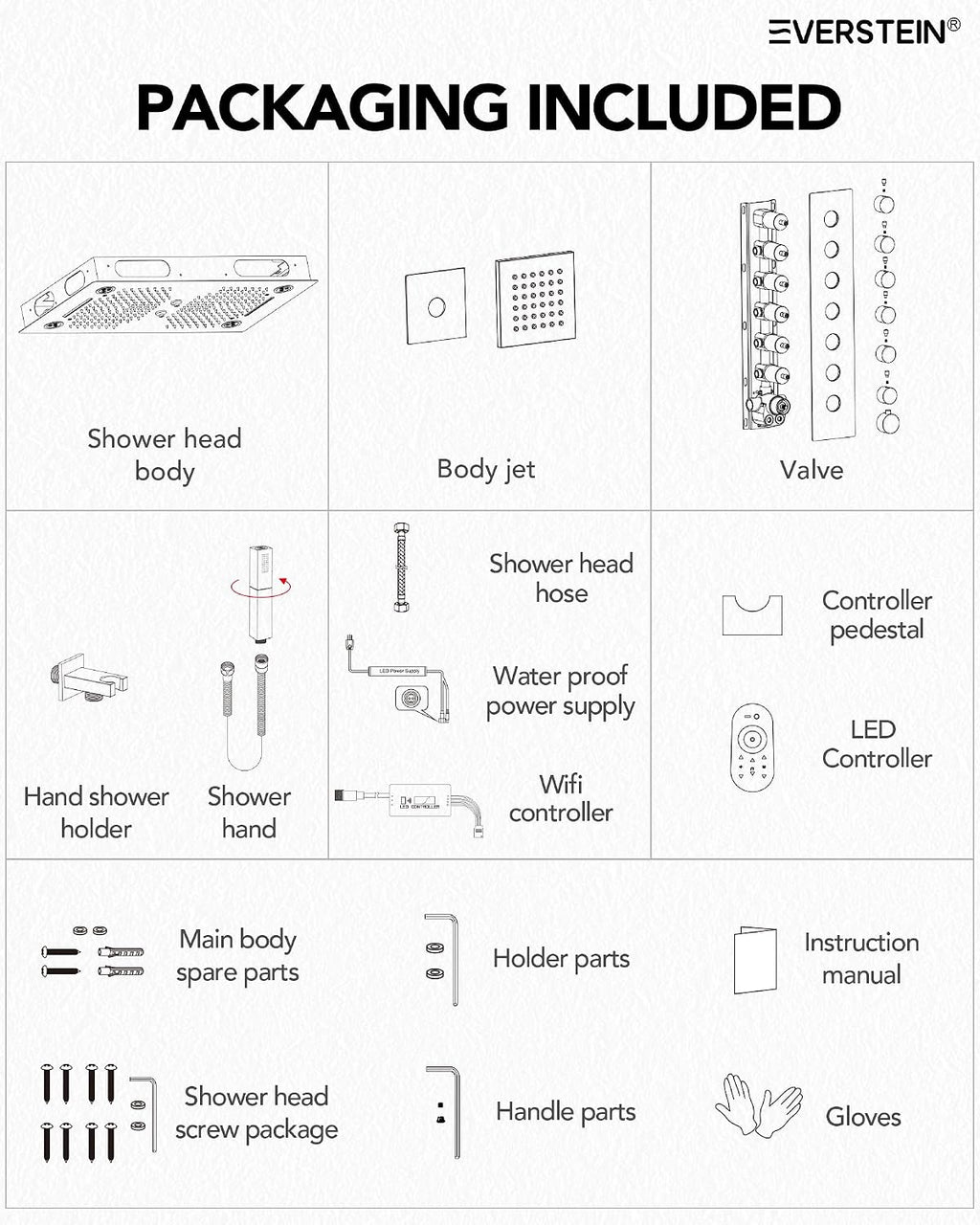 Thermostatic 64-Color LED Shower System, 28' x 16' Bathroom Waterfall Shower Set Ceiling-Mount Rainfall Shower Head Faucet with 6 Body Jets(Brushed Nickel)