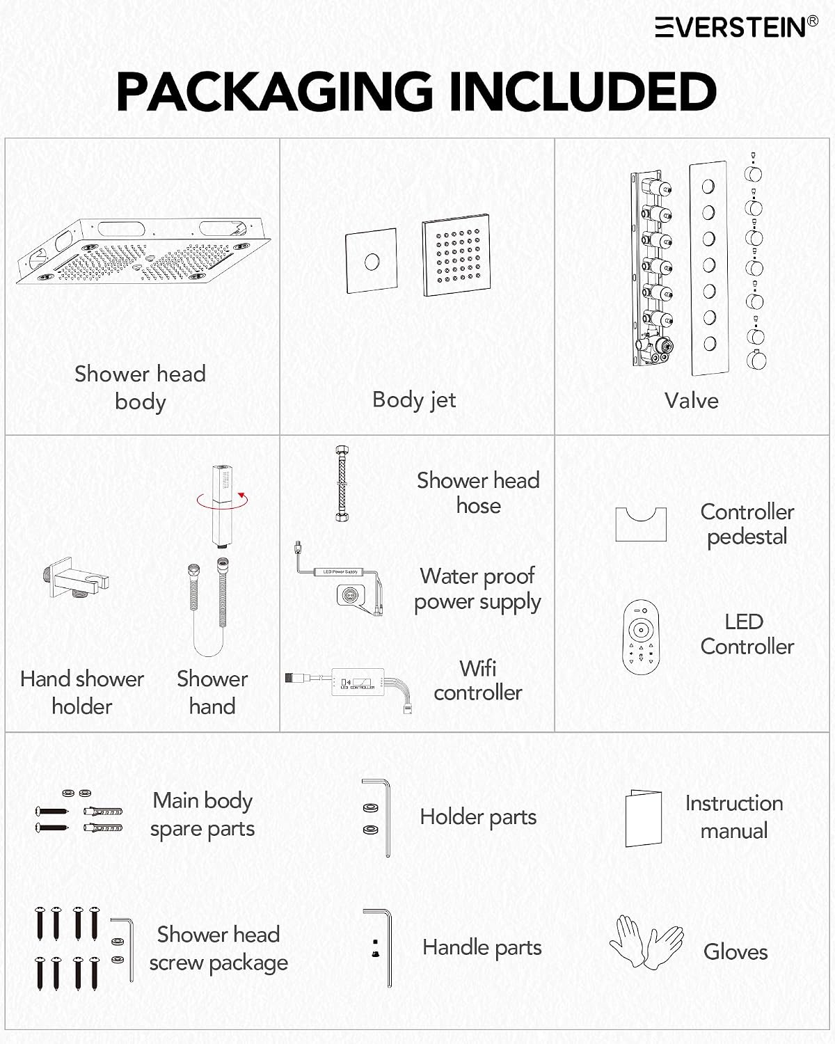Thermostatic 64-Color LED Shower System, 28' x 16' Bathroom Waterfall Shower Set Ceiling-Mount Rainfall Shower Head Faucet with 6 Body Jets(Brushed Nickel)