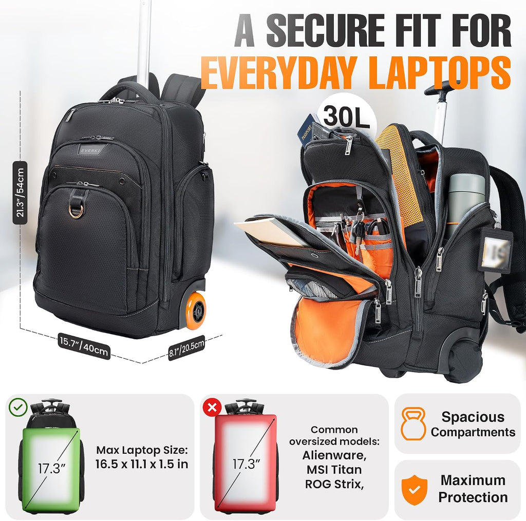 EVERKI Atlas Wheeled 2 Rolling Backpack, 30L 13 To 17.3-Inch Laptops Travel Backpack with Wheels for Professional, RFID-Blocking Pocket, Book Bag with Wheels, Business Travel. Quick-access Pockets