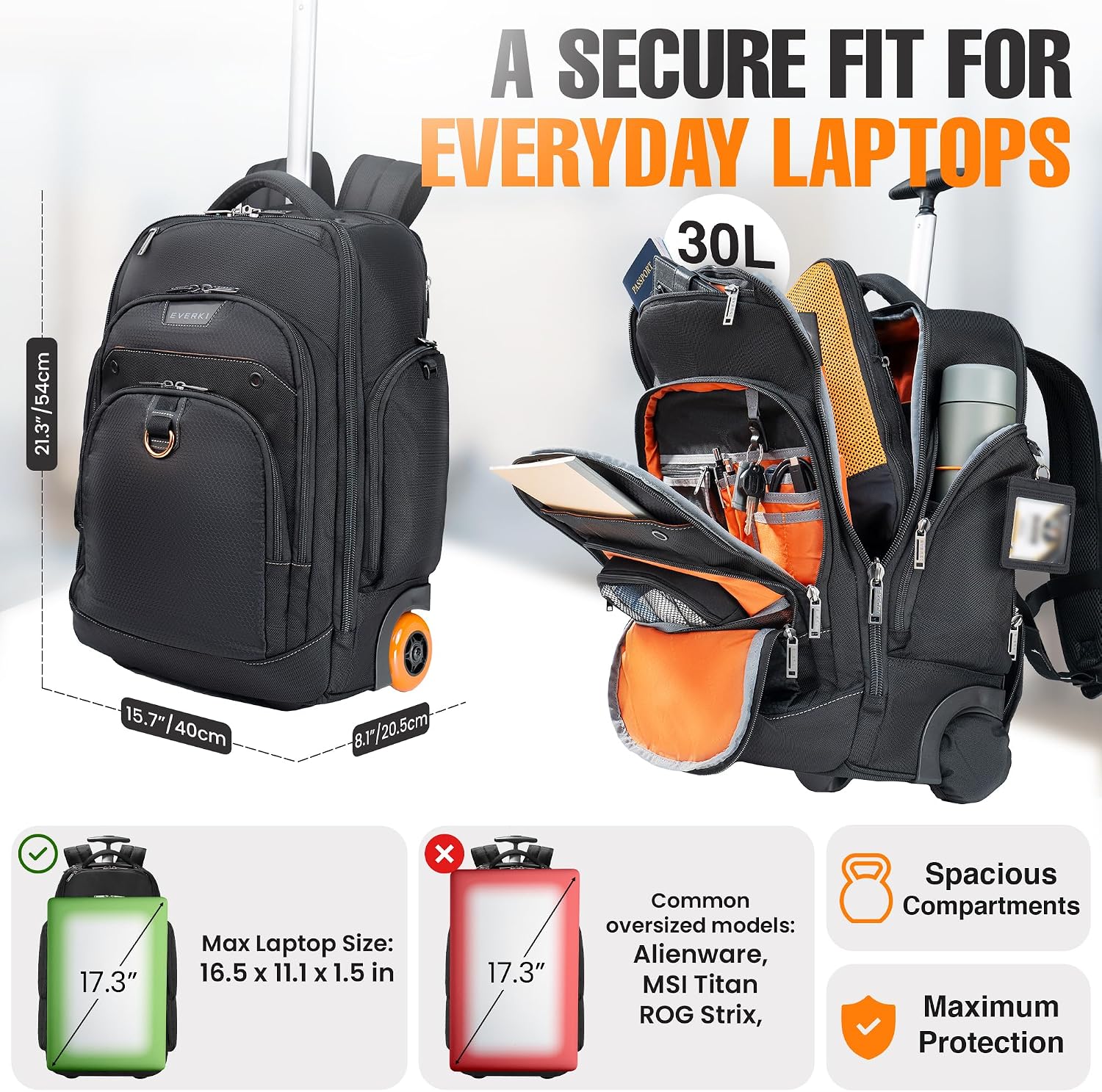 EVERKI Atlas Wheeled 2 Rolling Backpack, 30L 13 To 17.3-Inch Laptops Travel Backpack with Wheels for Professional, RFID-Blocking Pocket, Book Bag with Wheels, Business Travel. Quick-access Pockets