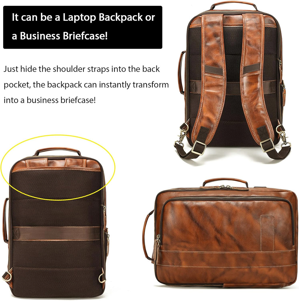LANNSYNE Vegetable Tanned Leather Backpack for men, Expandable Leather Backpack Fits 15.6 Laptop, Tote Shoulder Travel Bag Rucksack