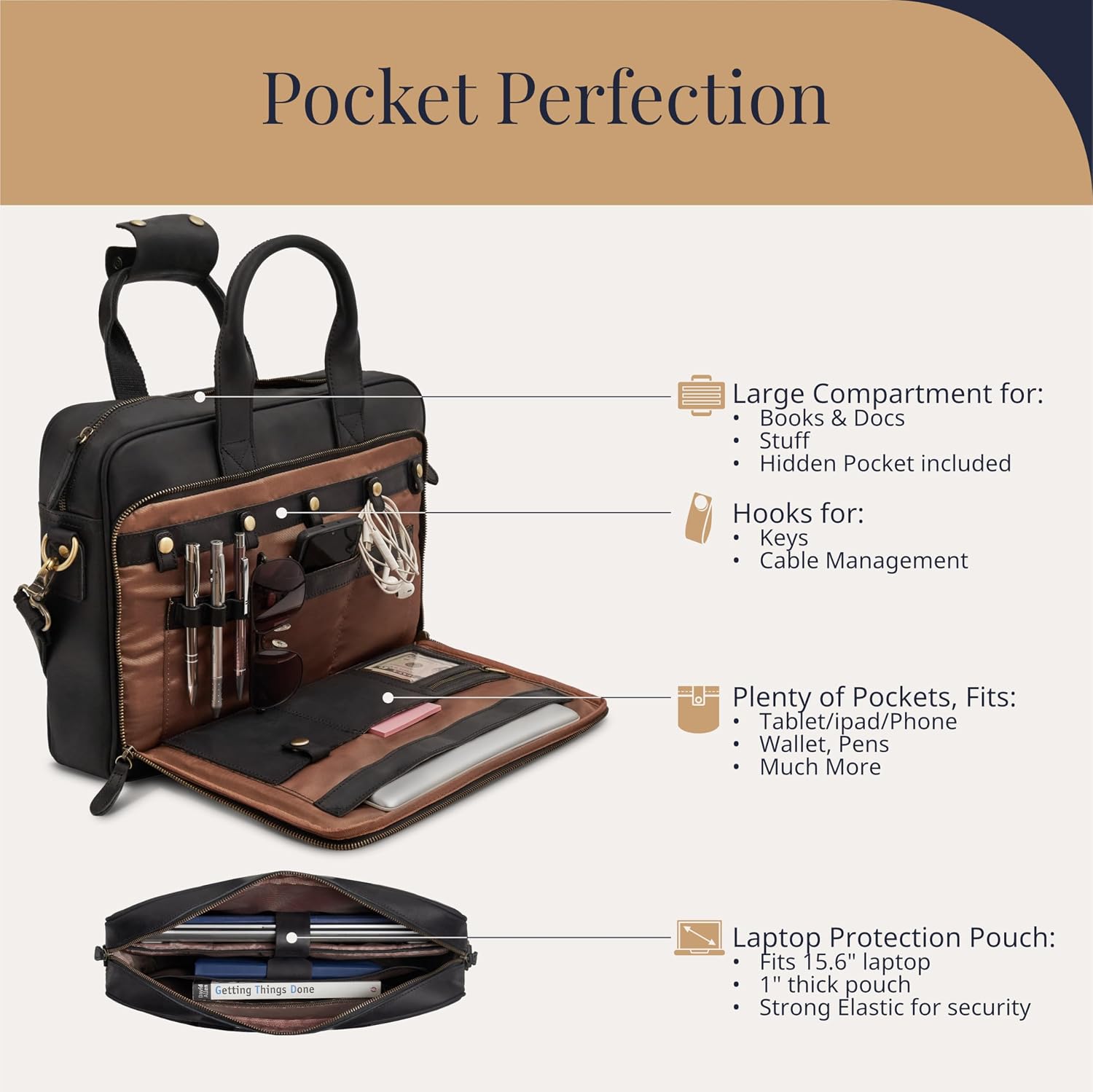 Luxorro Full-Grain Leather Briefcase for Men - Laptop Bag with Leather Computer Compartment