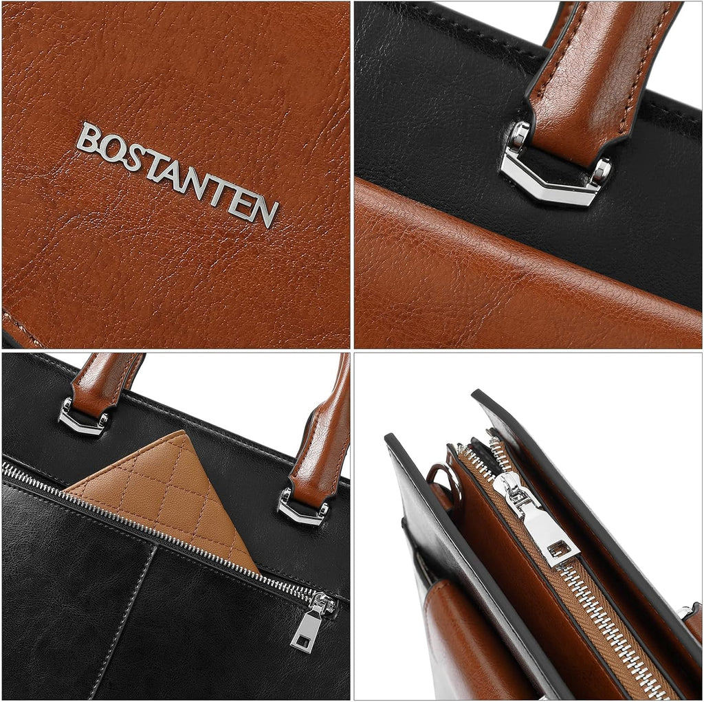 BOSTANTEN Briefcase for Women Laptop Tote 15.6 Inch Genuine Leather Handbag Work Bag Beige