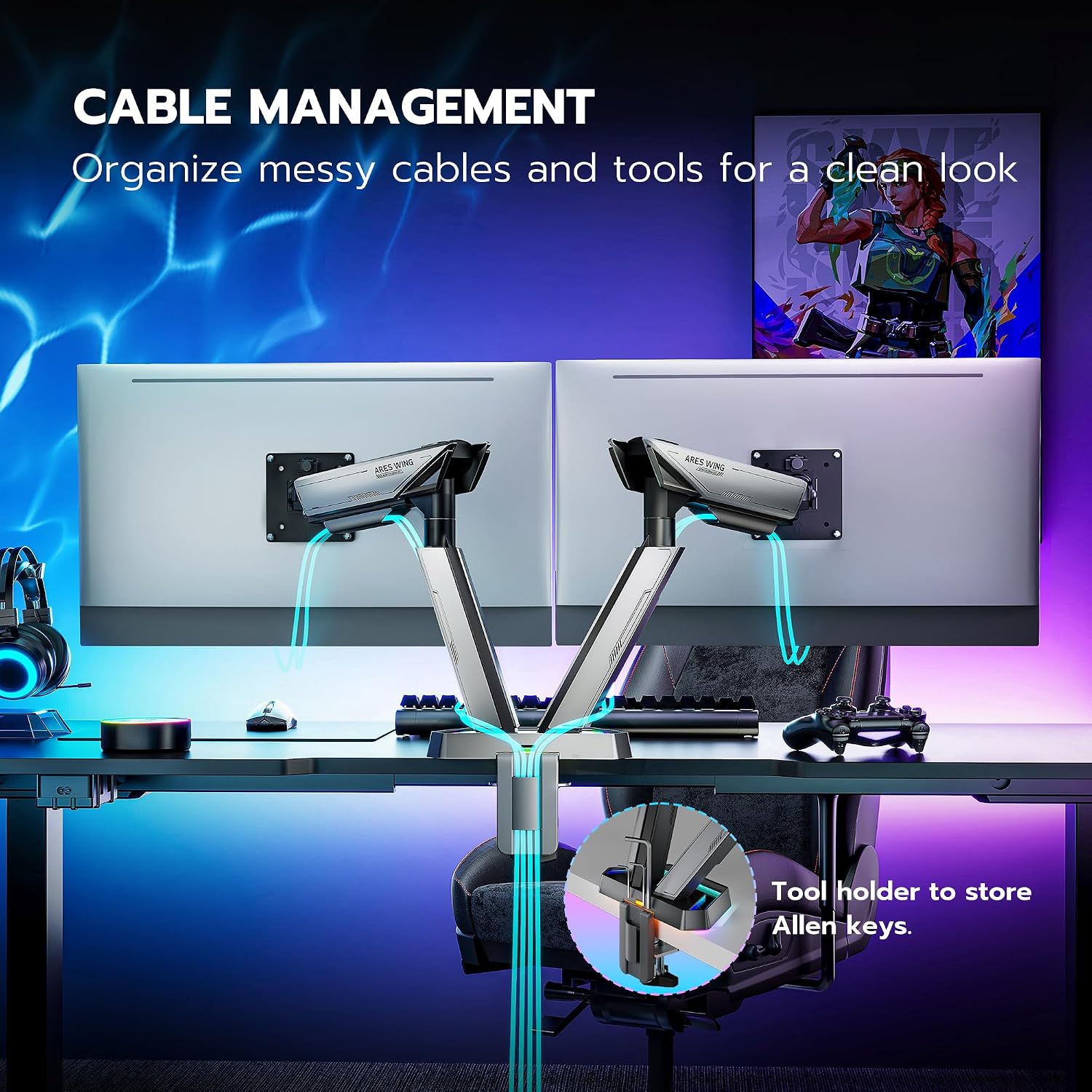 ARES WING RGB Dual Monitor Arm for 17-38' Ultrawide Screens, Holds 35.2lbs, Heavy Duty Dual Monitor Stand for Desk, Adjustable Double Mount with Clamp & Grommet Base, 75/100 VESA Mount, Gray