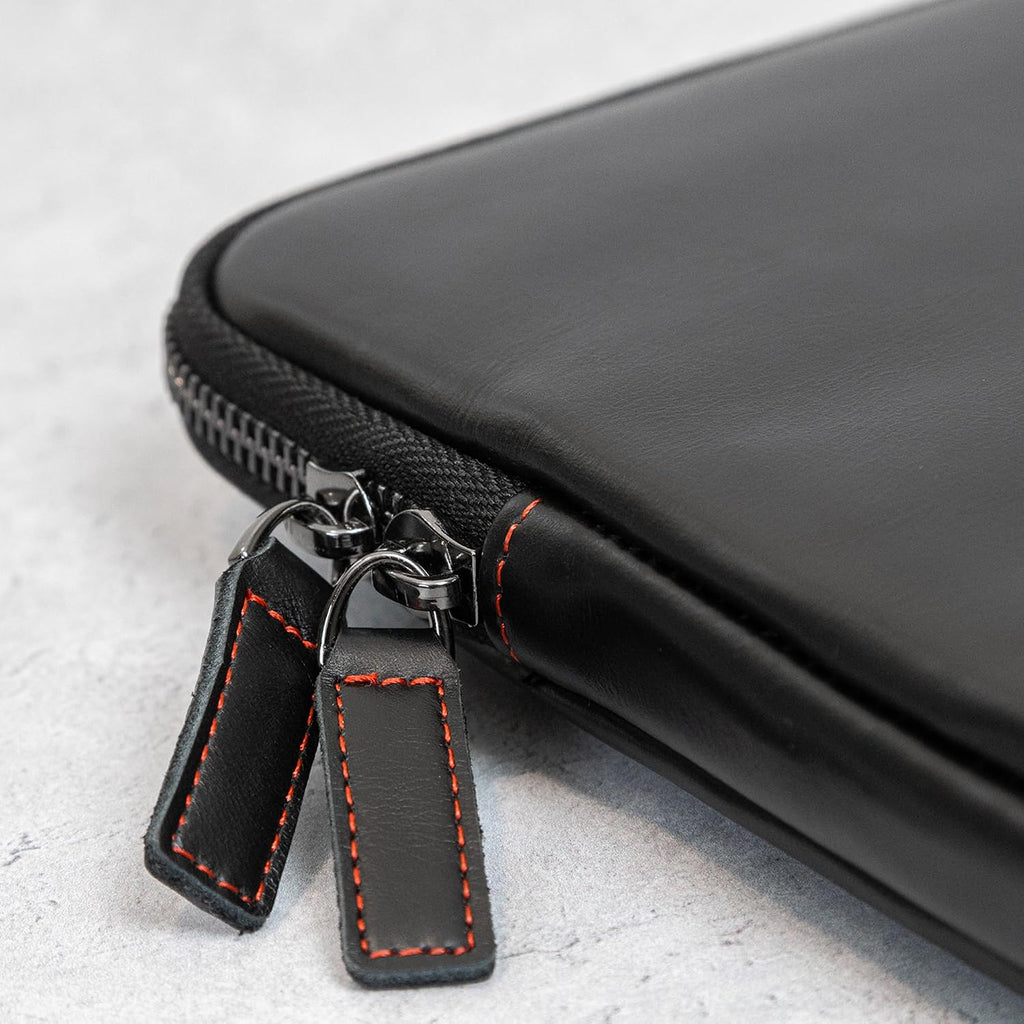 Casemade Real Leather Laptop Case/Zipped Folio Bag with Inner Pocket & Wool Lining Compatible with Apple MacBook, HP, Dell, Asus, Levovo (16 Inch - Black)