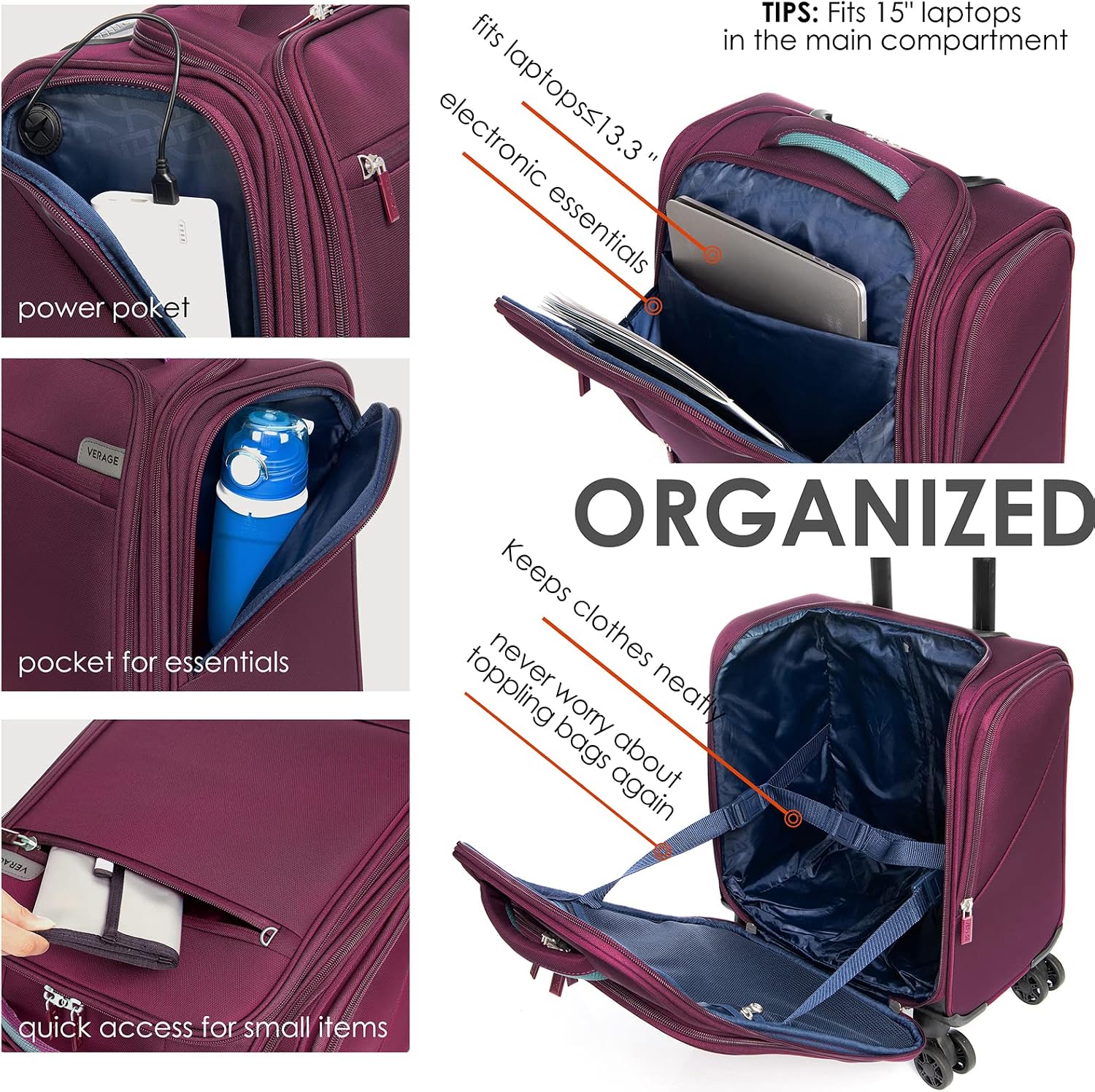 Verage Carry On Underseat Luggage with Wheels & USB Port, 14 Inch Wheeled Spinner Bag Carry-on Luggages for Airlines, Lightweight Suitcase Men Women, Pilots and Crew (14.5-Inch Plus Underseat)