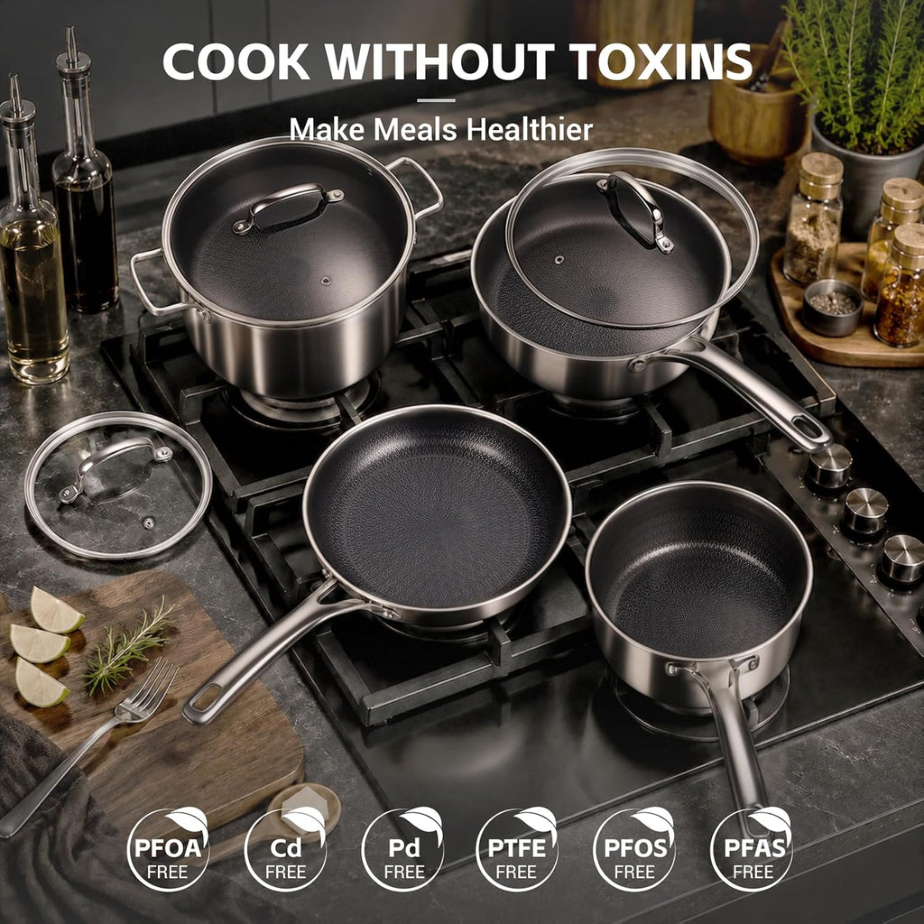 Ammeloo 17 Pcs Nonstick Stainless Steel Cookware Set, Hybrid Stainless Steel Pots and Pans Set Non Stick, Non Toxic Kitchen Cookware Sets, Dishwasher & Oven Safe, Induction & All Cooktop Compatible