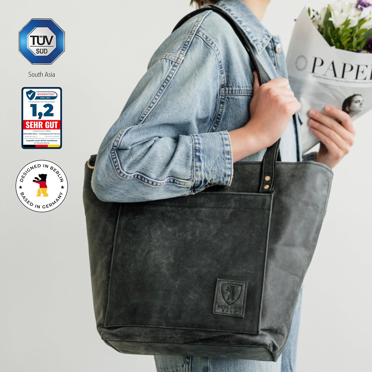 BERLINER BAGS Vintage Genuine Leather Tote Bag Verona, Handbag, Large Shopper, Work Bag for Women
