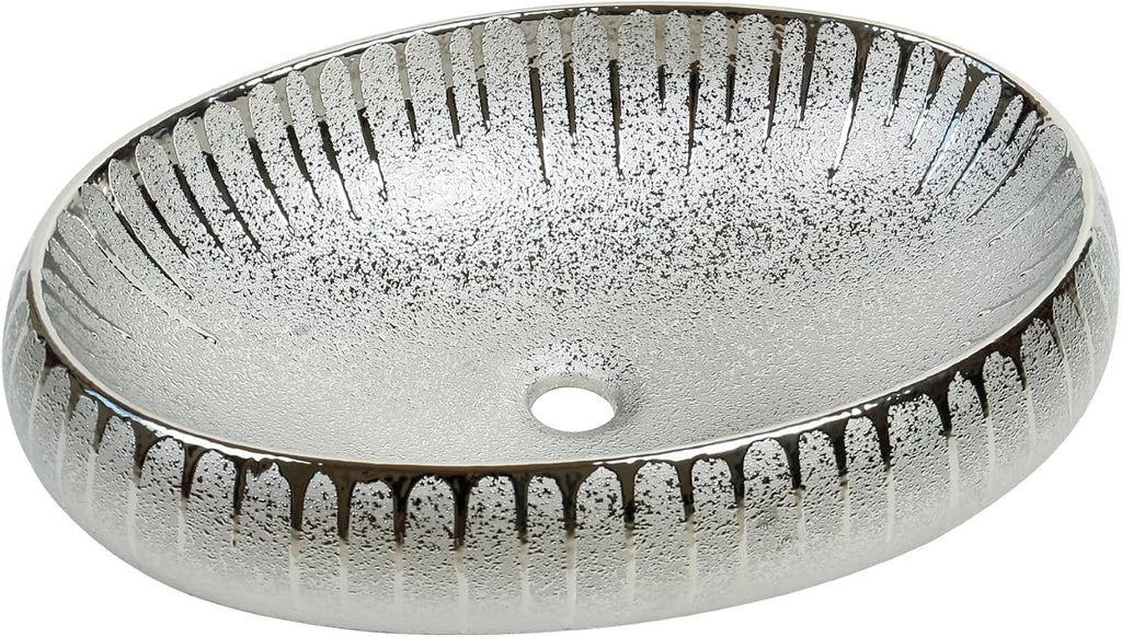 Fine Fixtures 23' x 15' Luxury Silver Vessel Bathroom Sink - Oval Ceramic Sink Bowl, Elegant Countertop Wash Basin, Perfect Sink for Vanity Top Installation