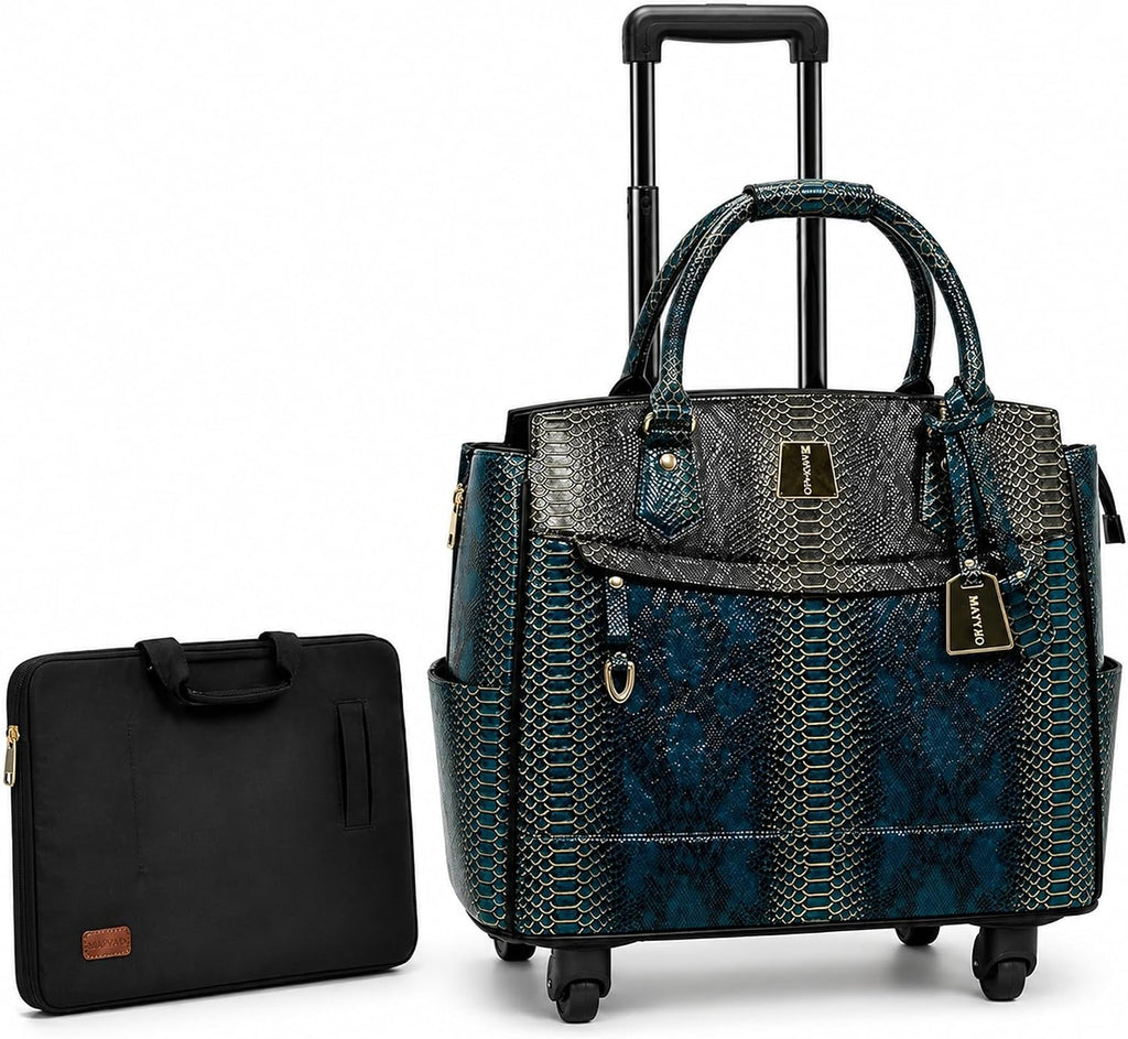 Rolling Laptop Bag for Women with Wheels & Handle Luxury Pure Leather Embossed Work Bag with Laptop Sleeve Travel Briefcase