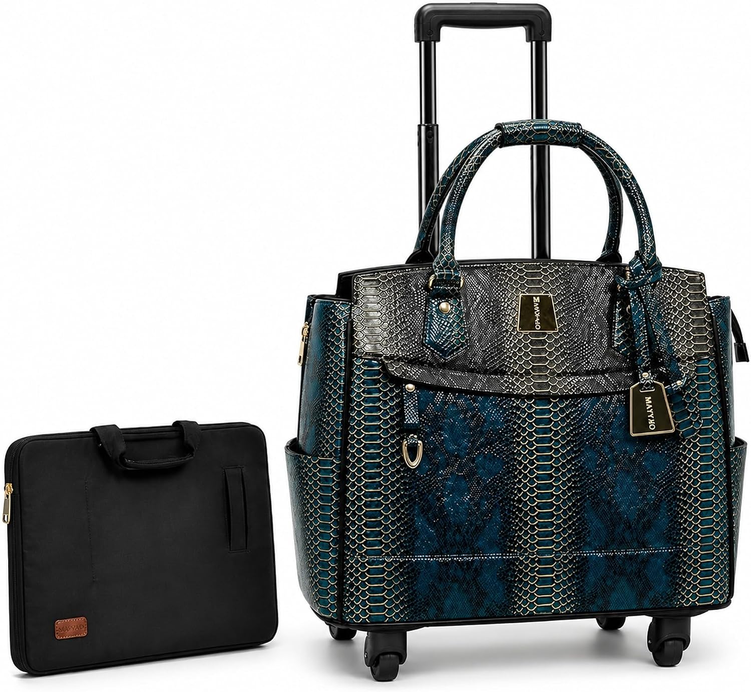 Rolling Laptop Bag for Women with Wheels & Handle Luxury Pure Leather Embossed Work Bag with Laptop Sleeve Travel Briefcase