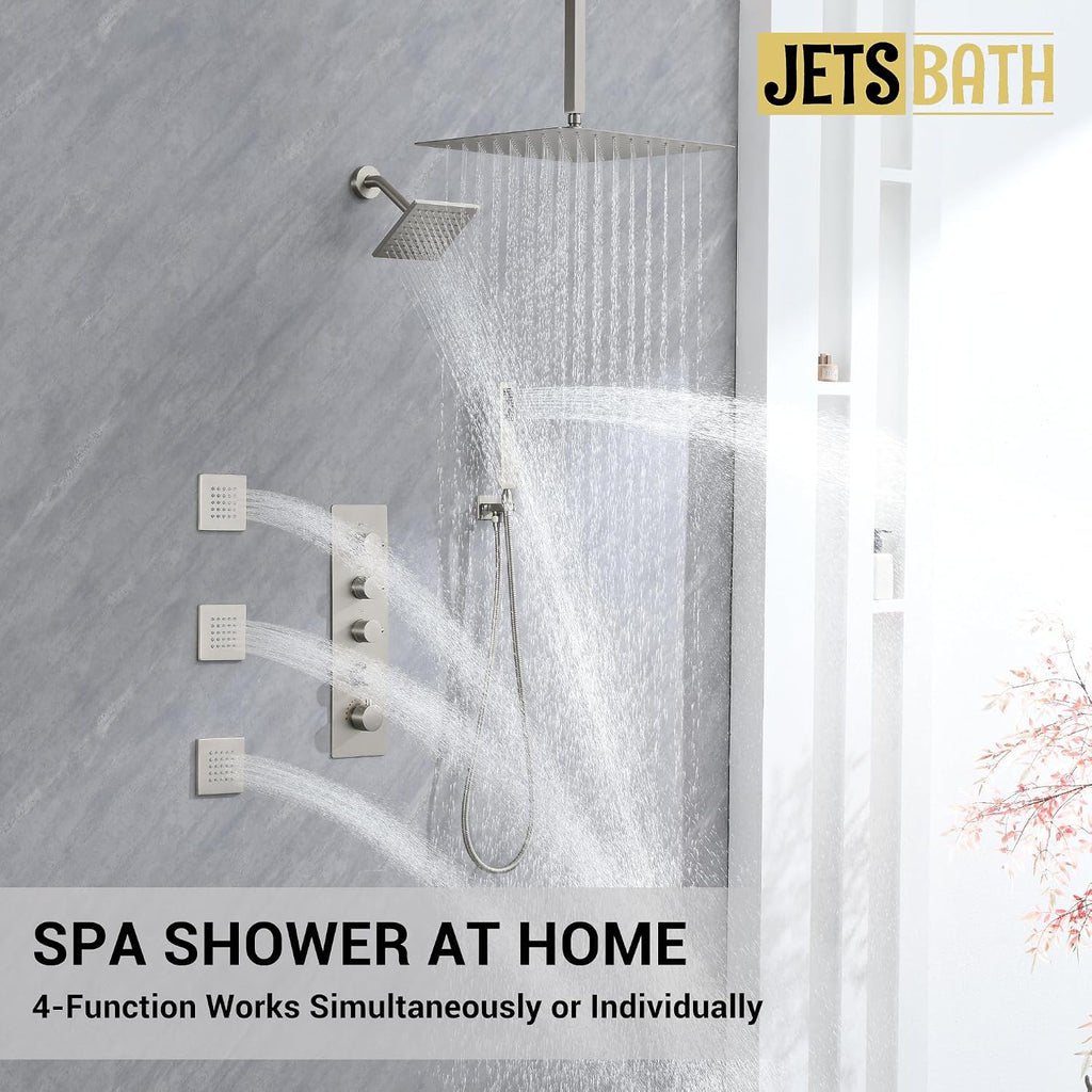 Thermostatic Dual Shower Heads System with 4-Inch Body Jets, Ceiling 16' Rainfall & Wall Mount 6' Shower Head, Luxury Brushed Nickel Shower Faucet Set with Handheld Sprayer for 2-Person/Tandem Shower