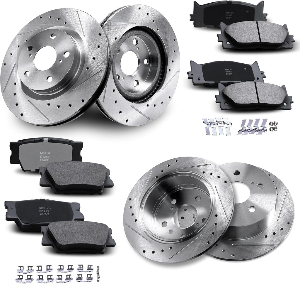 Front & Rear Drilled and Slotted Disc Brake Rotors & Ceramic Brake Pads Kit Fit for Lexus 2007-2012 ES350; for Toyota 2007-2011 Camry, 2008-2012 Avalon #31434 D1293 31433 D1212