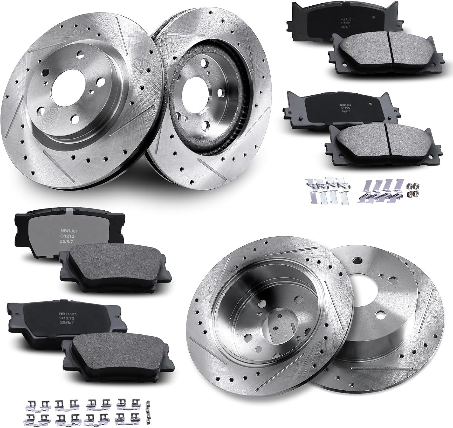 Front & Rear Drilled and Slotted Disc Brake Rotors & Ceramic Brake Pads Kit Fit for Lexus 2007-2012 ES350; for Toyota 2007-2011 Camry, 2008-2012 Avalon #31434 D1293 31433 D1212
