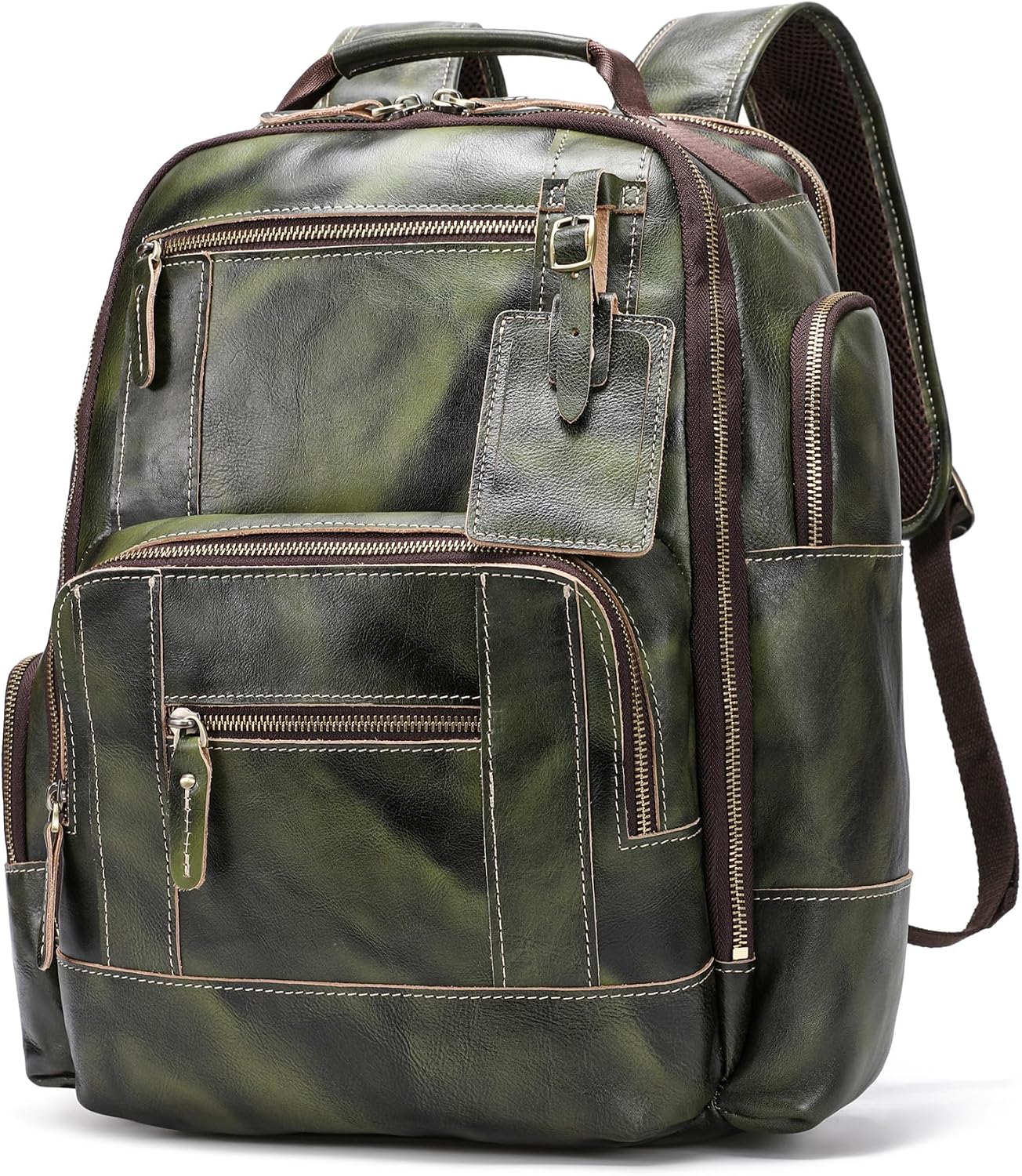 LANNSYNE Vegetable Tanned Leather Backpack for Men, 15.6' Laptop Backpack Camping Travel 24L Rucksack
