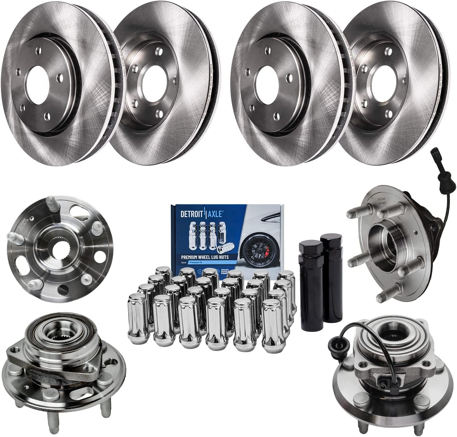 Detroit Axle - Brake Kit for 10-17 Chevy Equinox GMC Terrain, Front and Rear Disc Brake Rotors Wheel Bearings Hubs Wheel Lug Nuts Socket Keys 2010 2011 2012 2013 2014 2015 2016 2017 Replacement